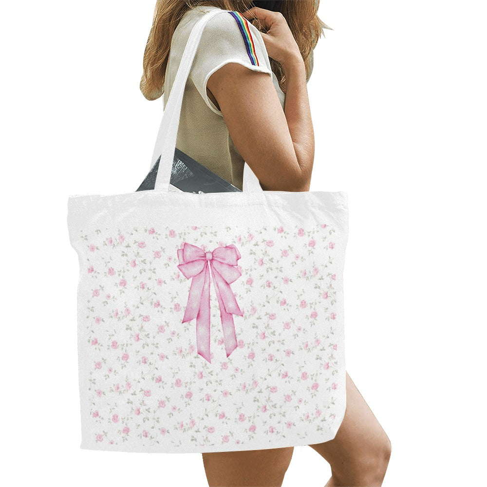 Pink Bow Floral Print Large Tote